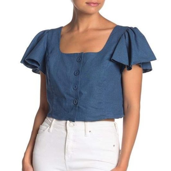 Band of Gypsies Vancouver Flutter Sleeves Blue Top - Picture 2 of 5